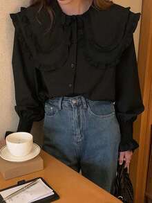 女士纯色荷叶边纽扣休闲衬衫 - 黑色 - 查看 4