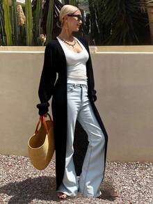 Livesso Women's Loose Solid Color Long Sleeve Long Casual Street Style Cardigan, Autumn/Winter