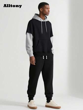 Alltony Men's Lightweight Sports Suit, Long Sleeve Hooded Sweatshirt And Drawstring Pants Two Pieces Set, Fashionable Casual Outfit For Outdoor, Running, Travel, Camping, Commuting, Suitable For Spring And Autumn