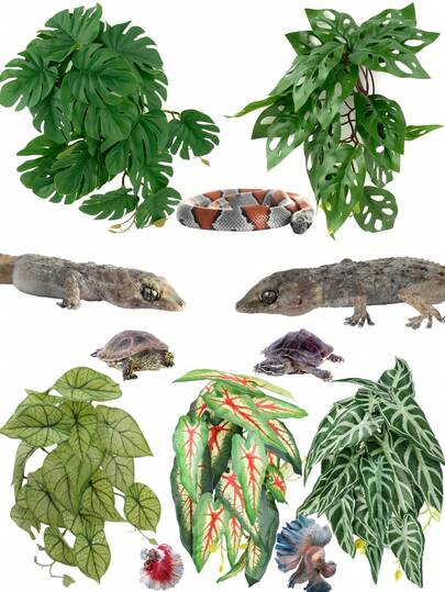 Reptile Habitat Artificial Plants, Amphibian Tank Shelter Hanging Plants, Climbing - Terrarium With Suction Cup Base, Tank Decoration, Suitable For Bearded Dragons, Lizards, Snakes, Geckos, Frog-Hamsters