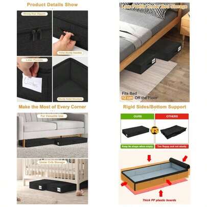Low Under Bed Storage Box With Lid, 2 Pack 12 Tall Low Underbed Storage Boxes With Sturdy Side Bottom Support, Fabric Shallow Under Bed Sofa Storage O