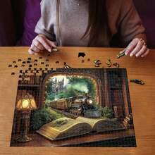 1 conjunto de quebra-cabeça de madeira com 1000-1100 peças - quebra-cabeça intrincado com tema de trem, floresta e livro, quebra-cabeça exclusivo para adultos em formato real, quebra-cabeça de madeira colorido, presente criativo para adultos, quebra-cabeça de decoração de casa faça você mesmo para interação familiar, presente de aniversário, feriado e ocasião especial, caixa de presente requintada, decoração de parede artística, peças de alta qualidade, cuidadosamente elaboradas