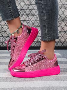 粉色闪光拼接时尚女式运动鞋，优雅舒适的休闲运动鞋，适合度假、散步、日常穿着、聚会、商务和派对 - 彩色 - 查看 2