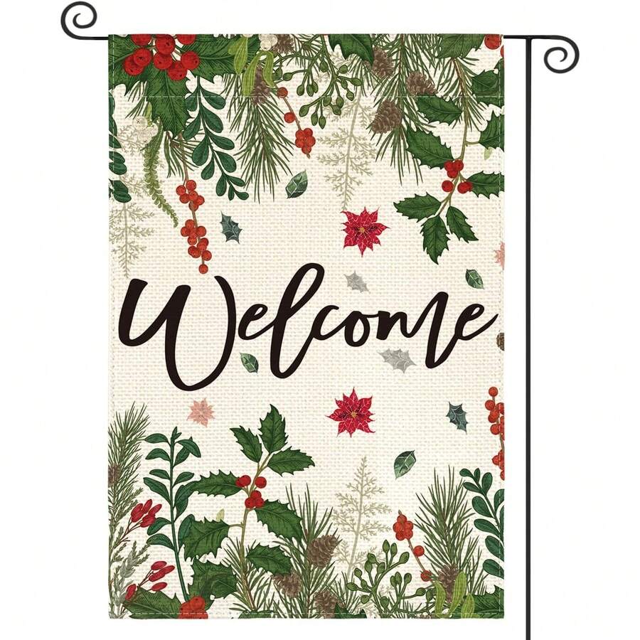 1 PIEZA Bandera de jardín navideño de bayas de acebo de invierno hecha de poliéster, de doble cara para uso en exteriores, con diseños florales para dar la bienvenida a la temporada navideña de invierno en su jardín, bandera decorativa verde y blanca para exteriores, no incluye accesorios de asta de bandera.