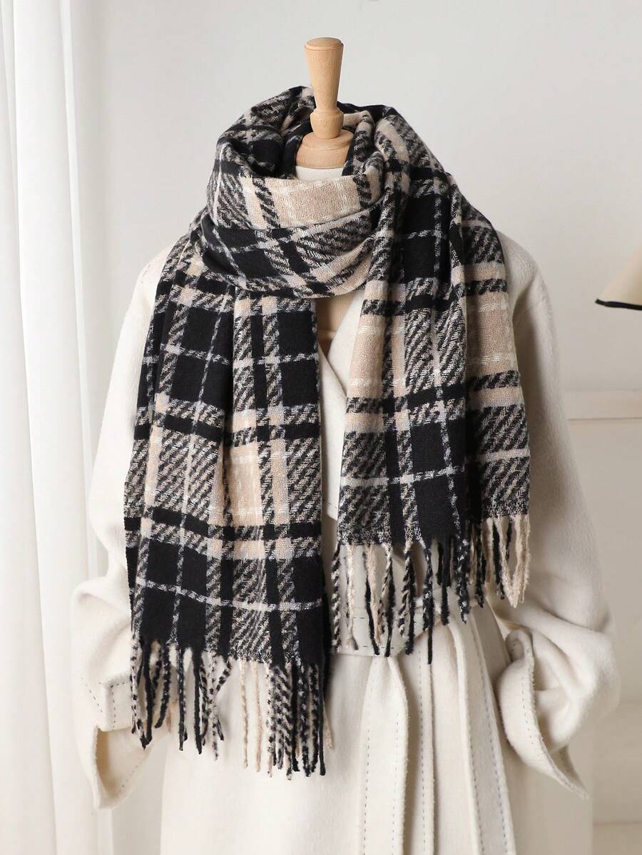 1 pieza Bufanda de mujer de estilo vintage con flecos de cuadros, de imitación de cachemira gruesa y de bucle, para mantener el calor en otoño e invierno, suave y cómoda, para uso diario y salidas, así como para regalos.