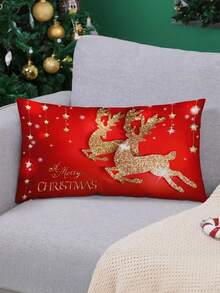 1/2/4 unidades Funda de cojín navideño con renos dorados y estrellas - 45x45 cm, de poliéster rojo con cierre de cremallera para decorar el sofá y el sillón - Rojo - Ver 8