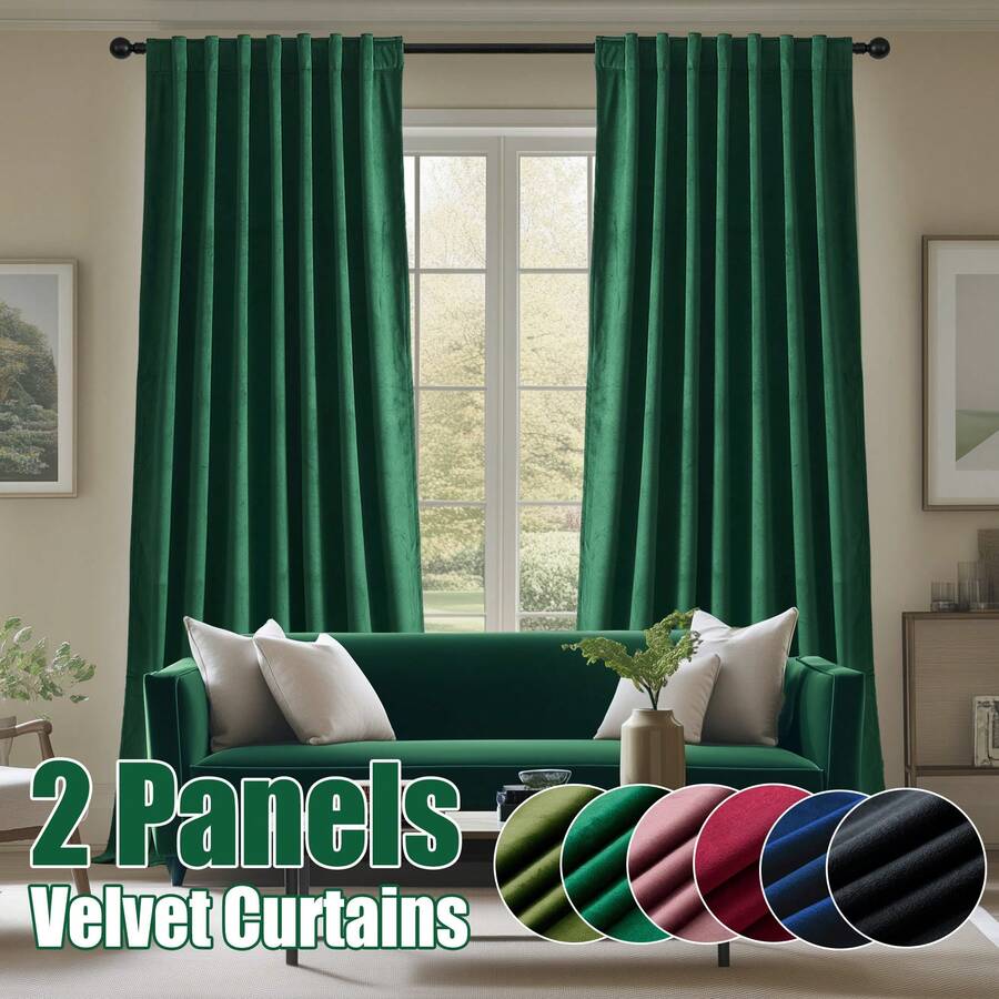 2 Panel Vintage Velvet Curtains, Back Tab Curtains For Living Room, Bedroom And Dining Room, Soft Drape With Good Home Decoration Curtains - Màu xanh lá cây đậm - Xem 1