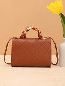 Women's Small Handbag With Embossed Plaid Pattern, Suitable For Daily Outings, Comes With Scarf - Brown - View 4