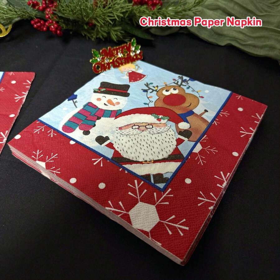 20 piezas Servilletas de papel desechables con lindos diseños navideños de dibujos animados, con estampados de renos, Papá Noel y muñecos de nieve para decoración de fiestas navideñas, de 13*13 pulgadas, de pulpa de madera suave de 2 capas, suministros navideños