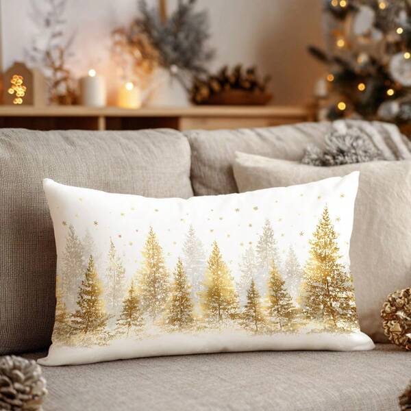 1pc Christmas Minimalist Golden Christmas Tree Pillow Cover, Single-Sided Soft Peach Velvet Fabric, 30*50cm/40*60cm Cushion Cover Suitable For Indoor Decor, Party Decoration, Decorative Pillow Gift