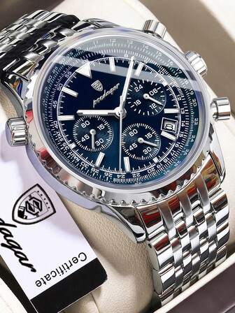 1pc Fashion Men Quartz Watchs, Stainless Steel Multi-Function Date Chronograph Waterproof Luminous Pointer Watch, Wristwatches Suitable For Business Occasions