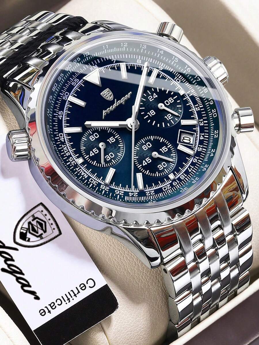1 buc. Ceasuri de cuarț pentru bărbați la modă, din oțel inoxidabil multifuncțional, cronograf cu dată, impermeabil, cu indicator luminos, ceas de mână potrivit pentru ocazii de afaceri