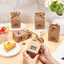 12pcs House Shaped Gift Boxes, Brown & White Cardboard Candy Boxes, Wedding Favors With Ribbon, Window Design, For Gifts, Anniversary, Birthday Party, Valentine's Day - Multicolor - View 4