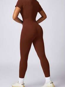 Womens Workout Winter Long Jumpsuits Seamless Yoga Gym Bodycon Rompers Sexy Unitard Tummy Control - Short Coffee - View 3