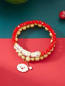 2 piezas/paquete Brazalete con colgantes de Papá Noel, árbol de Navidad, caramelo, muñeco de nieve y bastón de caramelo con letras navideñas - Elementos navideños de moda y versátiles para fiestas, eventos y regalos (color aleatorio - sin tarjeta)