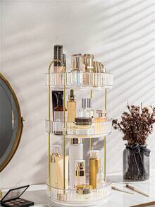 1/2/3-stöckiger drehbarer Make-up Organizer, geeignet für Schminktisch, Parfüm & Hautpflege Aufbewahrung, große Kapazität, Badezimmer Arbeitsplatten Kosmetik Organizer, transparenter drehbarer Hautpflege & Lippenstift Halter, erhältlich in 1/2/3 Ebenen, Weihnachtsdekoration, Make-up Organizer, Parfümhalter (Grün & Transparent & Bernstein) - Verschiedenfarbig - Übersicht 5