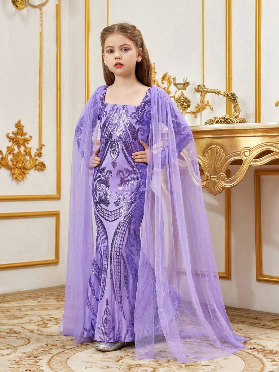 ALISA&LEO Elegant Square Neck Sequin Flower Girl Dress With Sheer Cape And Mermaid Silhouette For Wedding Ceremonies, Formal Galas, Evening Receptions, Piano Recitals, Award Ceremonies