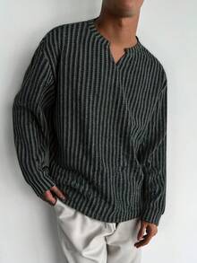 男士V领长袖鱼骨针织T恤，春夏新款打底衫，面料柔软舒适，适合叠穿，轻薄休闲，低调复古风，适合日常穿着。 - 灰色 - 查看 3