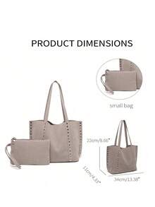 Black High Capacity Commuter Handbag, Women's Fashion Rivet Decor Shoulder Bag Unique Element Elegant Suede Design Handbag, Suitable For Dates, Daily, Shopping, Beach Vacation And Various Occasions (With Small Pouch Included) - Grey - View 3