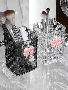 1pc Desk Stationery Organizer Box, Transparent Bowknot Square Pen Holder For Student Dorm, Office Desk - Multicolor - View 3