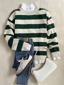 优雅休闲秋冬保暖针织套头衫绿色条纹舒适亲肤圆领长袖针织套头衫，女士秋季服装，女士冬季服装，秋季上衣，工作/办公室，商务休闲女士 - 綠色 - 查看 2