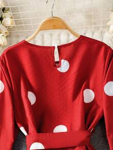 Vestido largo con estampado de lunares para mujer con cintura con cinturón y dobladillo con volantes, vestido de manga larga con cuello redondo para invitada de boda, vacaciones, días festivos, uso en el hogar y diario en otoño, invierno y primavera - Rojo - Ver 9