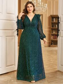 UNITHORSE V-Neck Ruffle Trim Lantern Sleeve Pleated Sequin Patchwork Party Dress