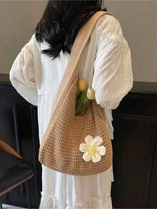 Women's Hollow-Out Floral Straw Bag, Suitable For Teenagers, Women, And College Students. It Is The Perfect Choice For University, Outdoor, Travel, Excursion, And Vacation. It Is A Fashionable Summer Vacation Bag, A Must-Have For Women's Summer Straw Beach Bag, And A Perfect Match With Women's Beach Accessories. It Is The Most Popular Beach Bag, A Fashionable Summer Vacation Bag, A Must-Have For Women's Beach, The Latest Vacation Bag, And A Must-Have For Vacation. - 白色 - 查看 7