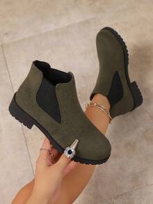 Women's Solid Color Round Toe Casual Fashion Slip-On Chelsea Ankle Boots - Army Green - View 6