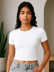 Women's Short Sleeve Ribbed Cropped Top With Sleeves, Summer - White - View 1