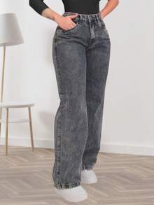 Women's Wide Leg Jeans Denim Butt Lift High Waist Thick Premium Fabric Light Or Graphite Wash Marbled Wide Leg - 石墨灰 - 查看 12