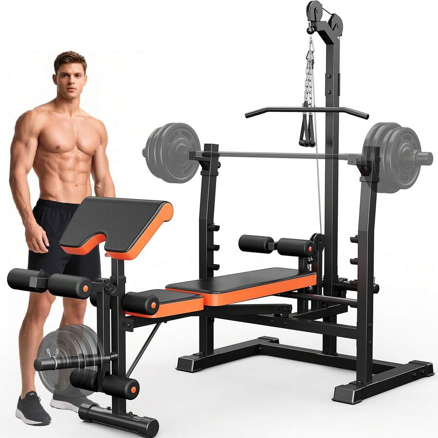 GIKPAL 10-In-1 Adjustable Weight Bench Press Set With Row Machine & Lat Pull Down, Multi-Function Workout Bench With Leg Developer & Preacher Curl, Full Body Strength Training Exercise Equipment For Home Gym, 880lbs Max Weight - Black + Orange - View 1