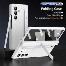 غطاء هاتف واقي مع فتحة قلم، غطاء هاتف مقاوم للصدمات بالكامل، مزود بقلم حبر، تصميم فتحة قلم متكاملة، حماية مفصلية، غطاء هاتف جانبي مع زجاج مقسى، مناسب لهواتف سامسونج جالكسي ZFold3/ZFold4/ZFold5/ZFold6/ZFold7