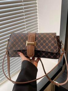 Túi đeo vai/túi baguette thời trang đơn giản họa tiết chắp vá màu tương phản dành cho nữ, thích hợp cho việc đi làm/hàng ngày - Cà phê nâu - Xem 4