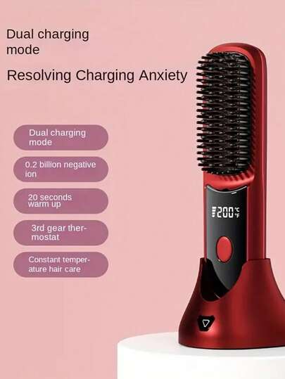 Pente Sem Fio Dois em Um com Cabelo Liso e Encaracolado | Design Portátil com Íons Negativos e Sem Danos aos Cabelos + Três Velocidades de Temperatura Constante para Penteado Diário