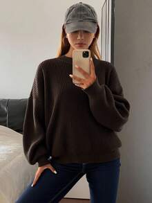 Livesso Eyelet Detail Ribbed Knit Drop Shoulder Sweater,Long Sleeve Tops,Fall Clothes - Coffee Brown - View 4