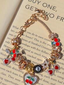 1pc Leopard Print Cherry Pendant Bracelet, 1pc Black Cherry 8mm Beaded Leopard Print DIY Bracelet, 1pc Adjustable Length Red Cherry Music Festival Lobster Clasp Bracelet - Multicolor - View 3