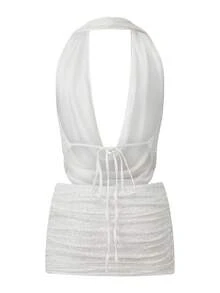 Women 2 Piece Sequin Skirt Set Halter Neck Draped Front Sleeveless Crop Top Sparkly Bodycon Mini Skirt Night Out Party Rave Outfits - trắng - Xem 6