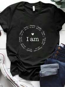 I AM Strong Amazing Funny Letter Printed T-Shirt Women's Fashion Fun Round Neck T-Shirt Top - Black - View 1