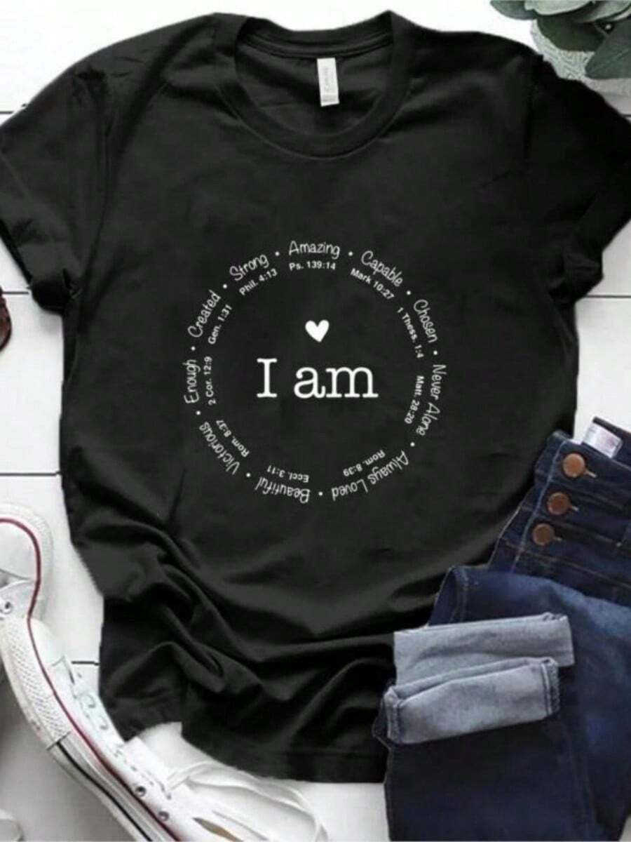I AM Strong Amazing Funny Letter Printed T-Shirt Women's Fashion Fun Round Neck T-Shirt Top - Black - View 1