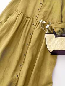 Women's V-Neck Open Front Casual Elegant 3/4 Sleeve Loose Midi Dress, Autumn/Spring