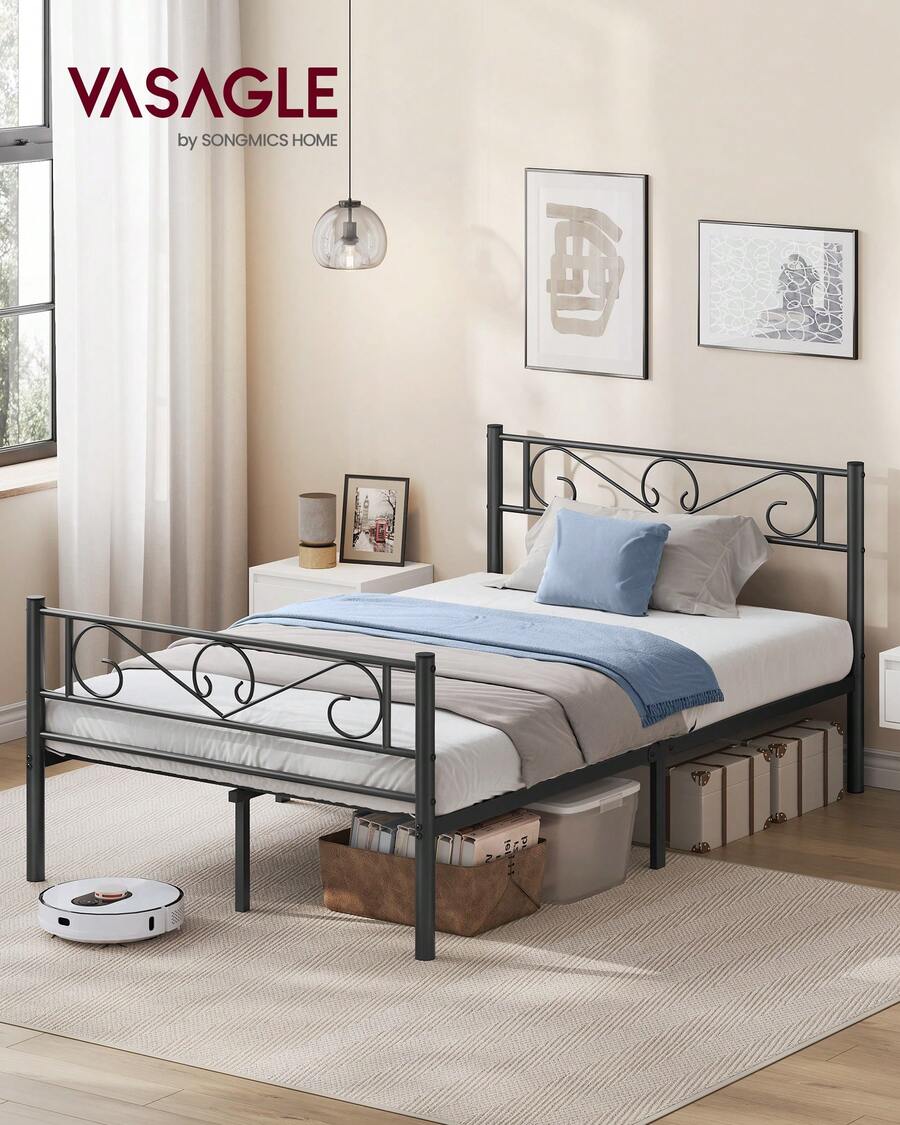 VASAGLE Struttura Letto Matrimoniale, Letto a Doghe in Metallo per Materassi di 120 x 190 cm, per Stanza di Ospiti, Montaggio Facile, per Spazi Piccoli, Nero Inchiostro