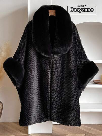 1pc Minimalist High-End Faux Mink Fur Collar Solid Color Knitted Poncho Shawl, Women's Autumn/Winter Fashion Versatile Thick Warm Cardigan Shawl Coat, Elegant Design Soft Wavy Fuzzy Shawl Jacket, Suitable For Daily Wear, Great Gift For Women