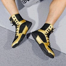 Sapatos de luta livre masculinos, sapatos de boxe de cano alto, sapatos de treino, botas de kickboxing, sapatos de artes marciais para fitness, sapatos esportivos profissionais de alta qualidade para homens, confortáveis, antiderrapantes, duráveis, respiráveis, com suporte para o tornozelo e sola texturizada. - Ouro Negro 25012 - Ver 9