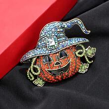 1 pieza Broche decorativo de mujer con sombrero de bruja de cristal y cara de calabaza, regalo de Halloween