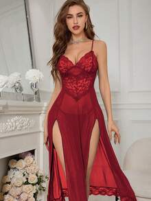 Sexy Mesh Panel Open Slit Nightgown, Valentine's Day Gift For Women,Couples Matching Pajamas,Women's Underwear, Lace Doll Dress, Nightgown, Sexy Mesh Pajamas, V-Neck Pajamas, Side-Split Pajamas - 酒紅色 - 查看 9