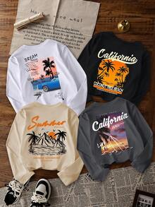 1pc Boys' Casual Beach Coconut Tree & Wave Print Crew Neck Long Sleeve T-Shirt, Loose Fit Student Clothing, Autumn, Cool Black Silhouette - Dark Grey - View 3
