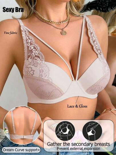 Women's Sexy Lingerie, Sexy French Lace Backless Bra, Comfortable Versatile Small Bust Push Up Underwire Bra