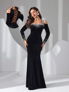 Elisanya Women's Ruffled Rhinestone Velvet Dress With Backless Tie Design, Elegant - Black - View 2