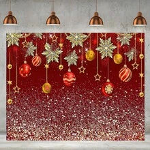 خلفية بانر ديكور عيد الميلاد، تتميز بخلفية حمراء لعيد الميلاد مع رقائق الثلج والزينات المعلقة، متعددة الاستخدامات، ديكور حفلة متعدد الأغراض، قماش خلفية عيد الميلاد، متوفر بأحجام مختلفة، مسطح 2D.